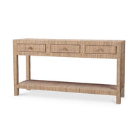 Natural rattan console table with three drawers.