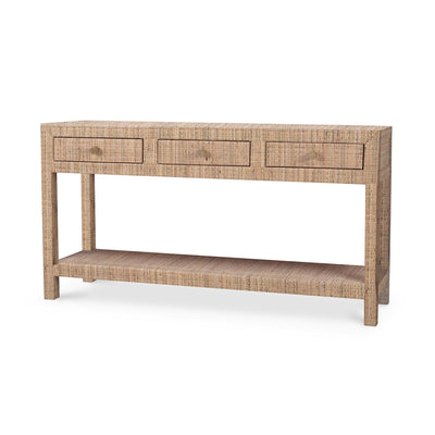 Natural rattan console table with three drawers.