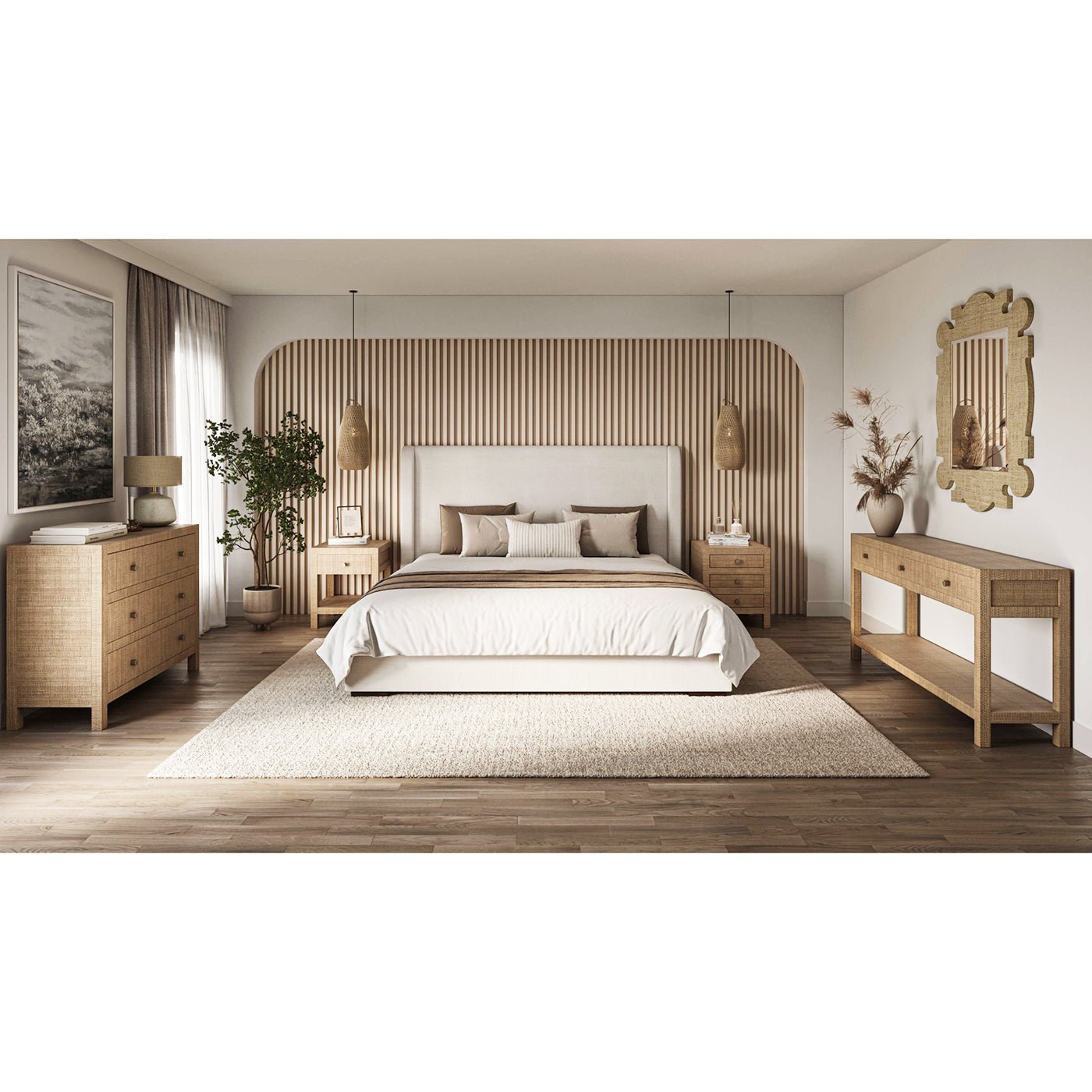 Bedroom with natural rattan console table and decor.