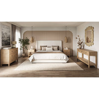 Bedroom with natural rattan console table and decor.