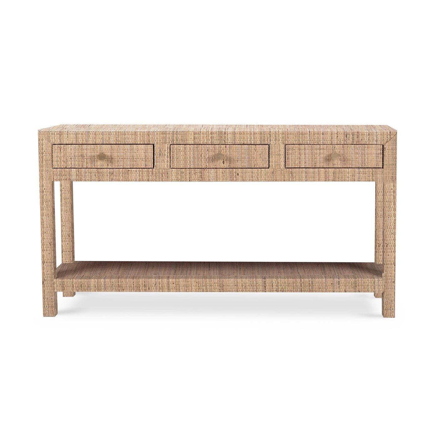 Front view of natural rattan console table.
