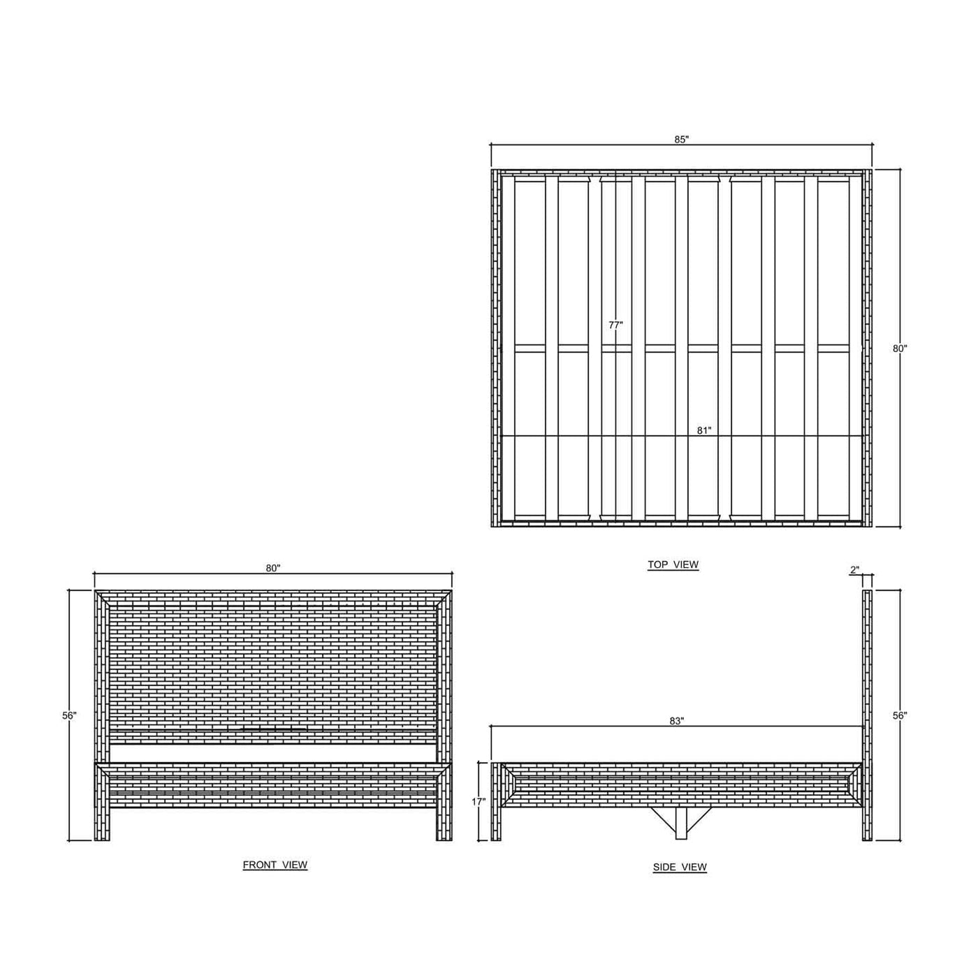 Technical drawing of natural rattan king bed frame.