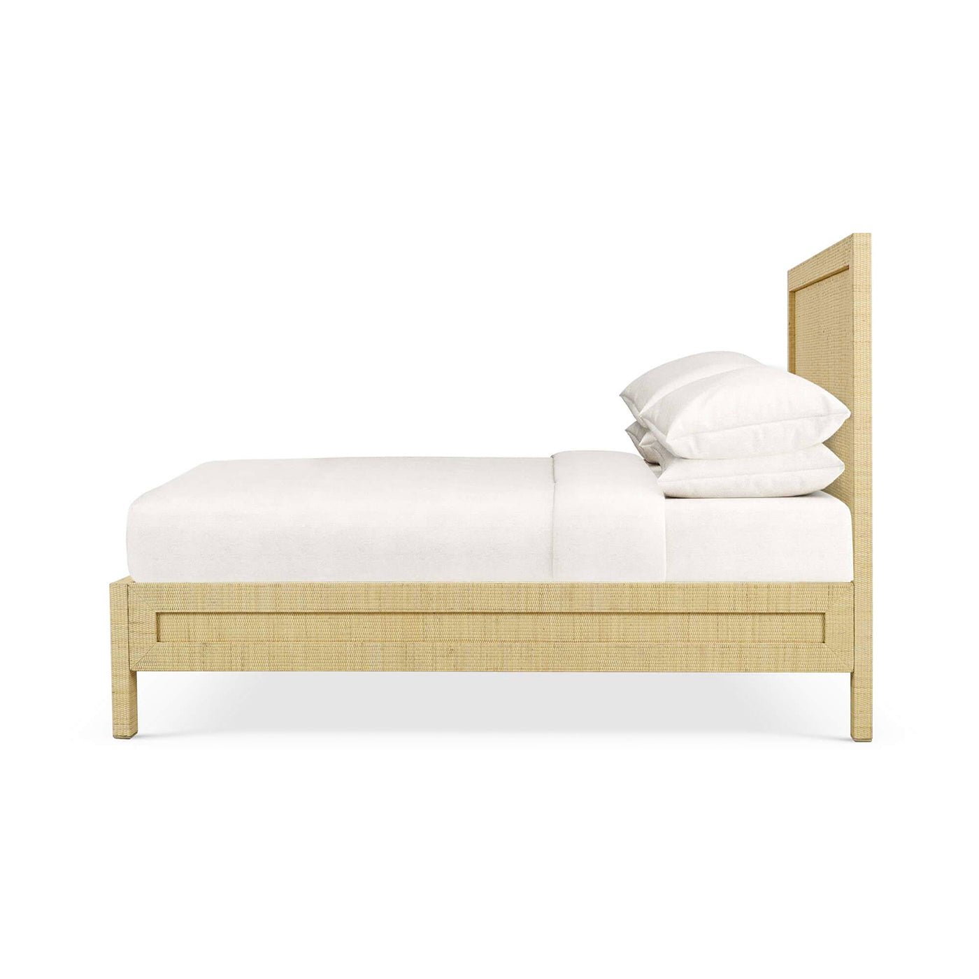 Natural rattan king bed frame side profile.