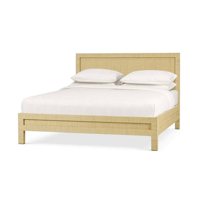 Natural rattan king bed frame angle view.
