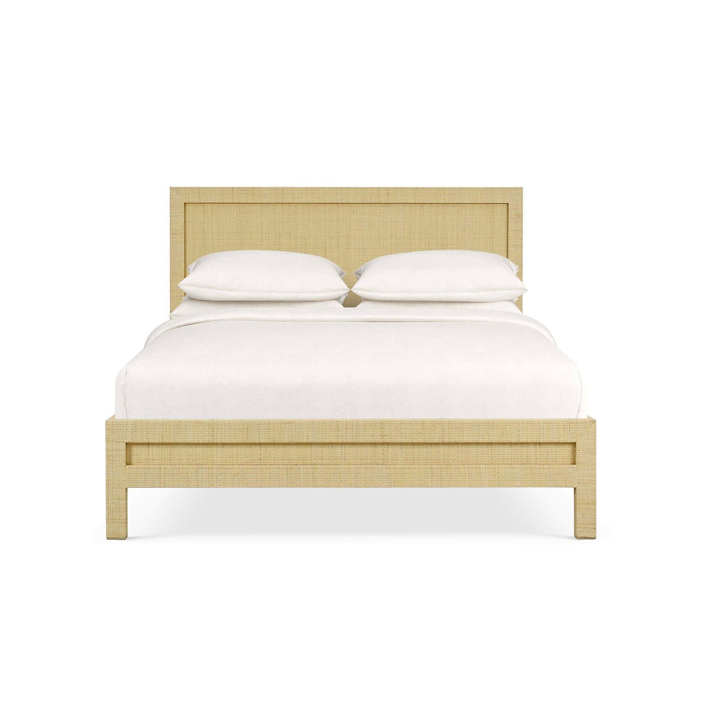 Front view of natural rattan queen size bed frame.