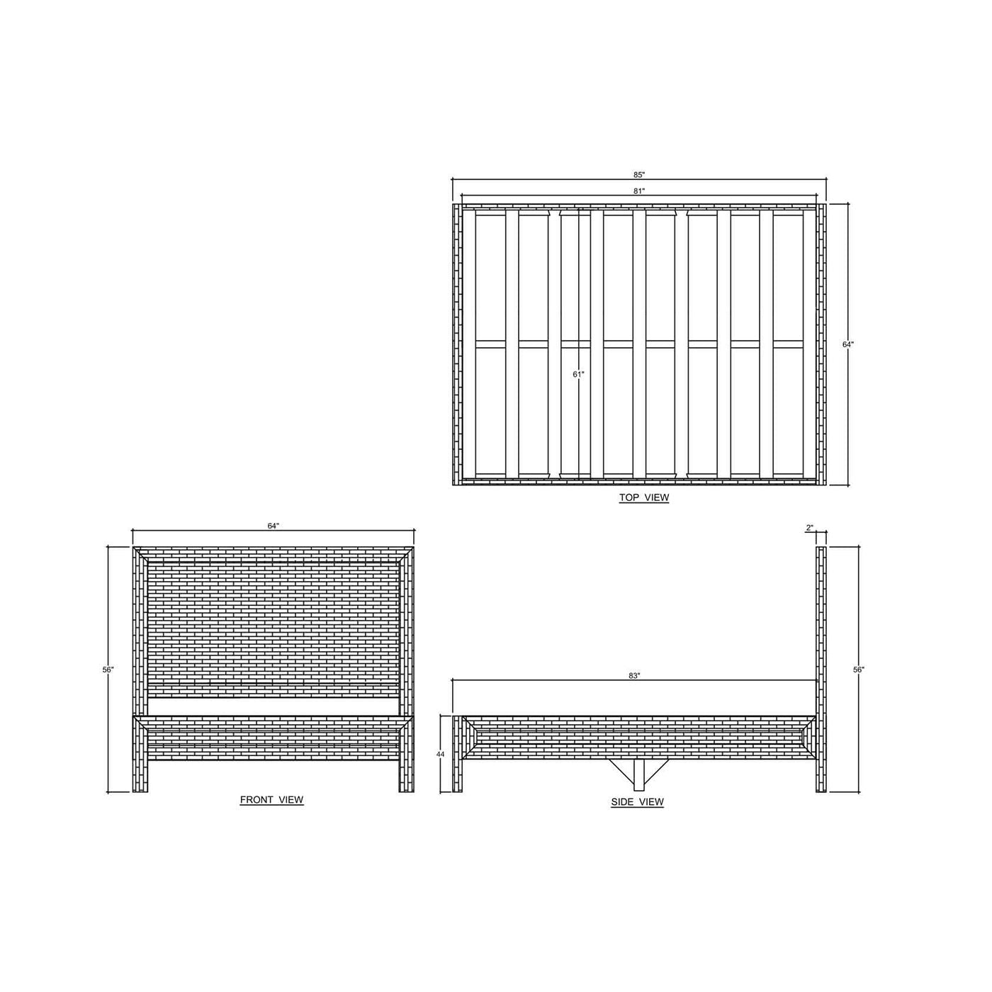 Technical drawing of natural rattan queen size bed frame.
