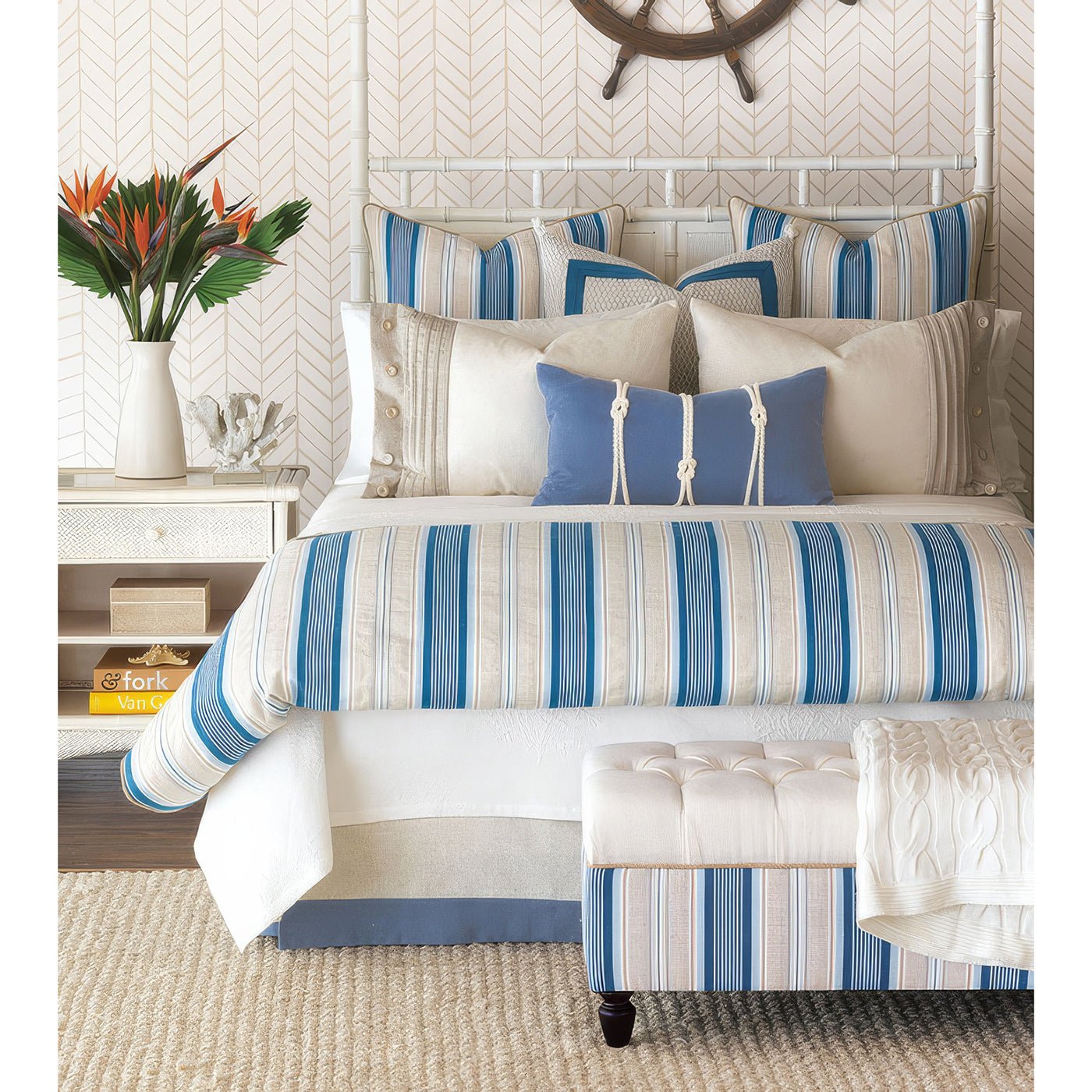 Nautical ottoman bench in a coordinated bedroom decor.