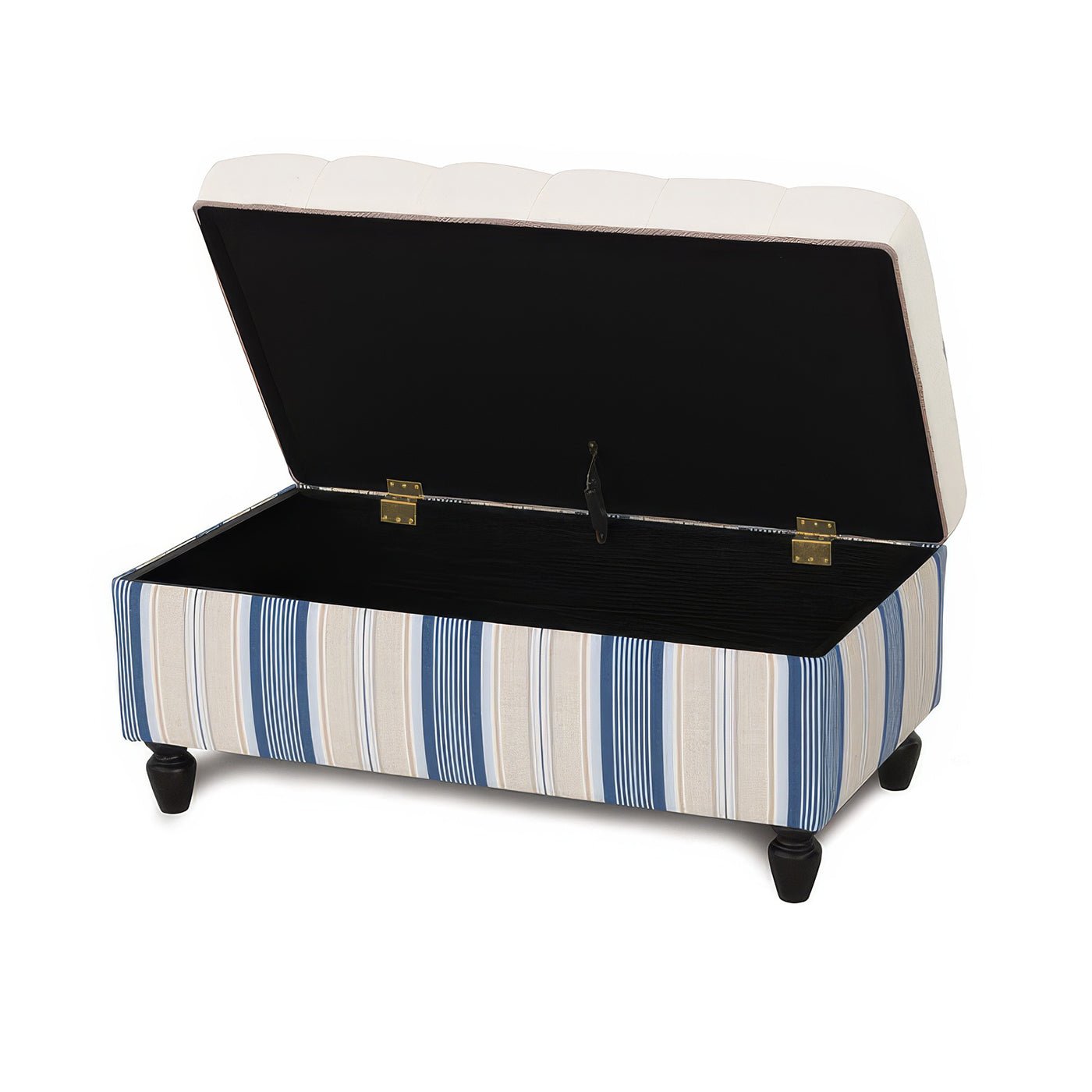 Nautical ottoman bench with open lid showing storage interior.