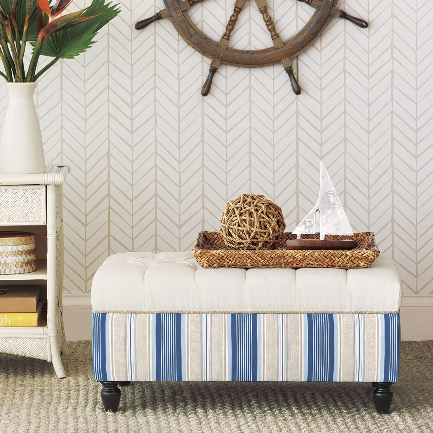 Nautical ottoman bench styled in living room setting.