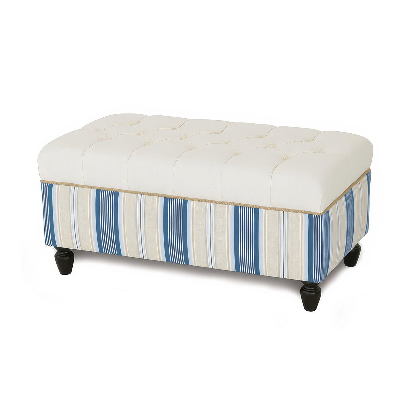 Nautical striped tufted storage ottoman bench with closed lid.