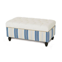 Nautical striped tufted storage ottoman bench with closed lid.