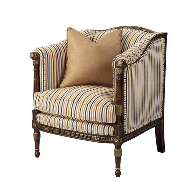 Classic armchair with striped upholstery and wooden accents.