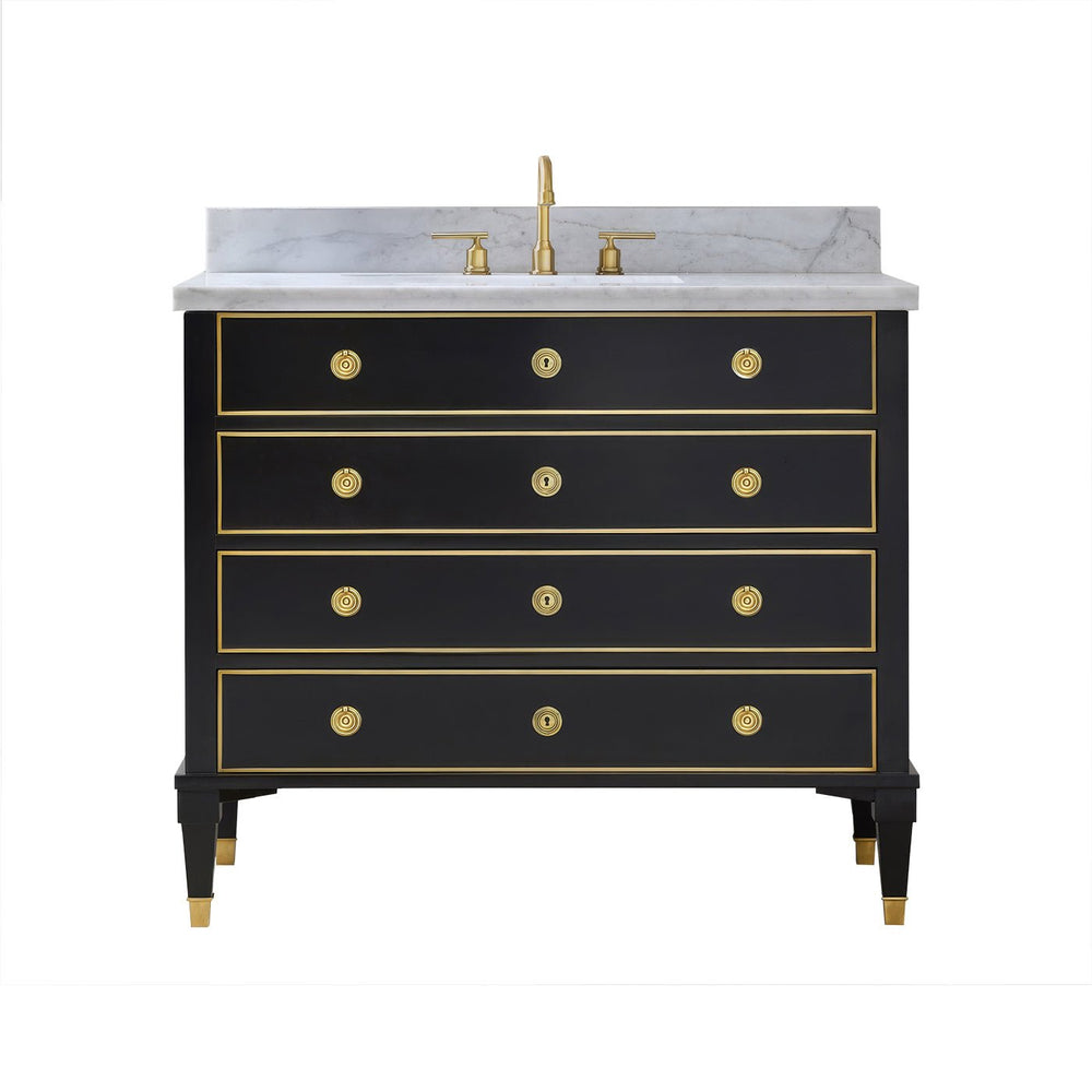 Black marble top vanity with gold accents front view.