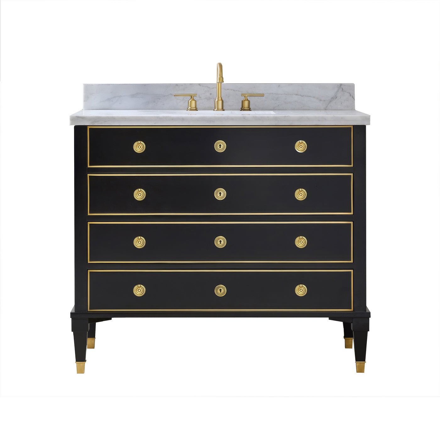 Black marble top vanity with gold accents front view.