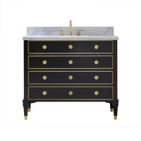 Black marble top vanity with gold accents front view.