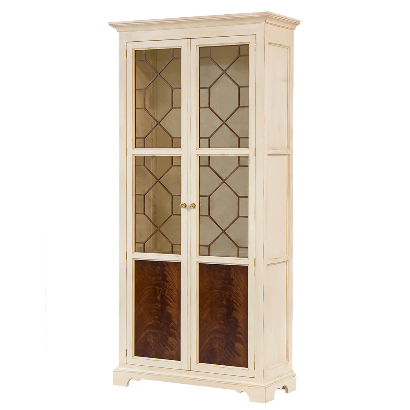 Light wood Neo Classic bookcase with glass and wood doors.