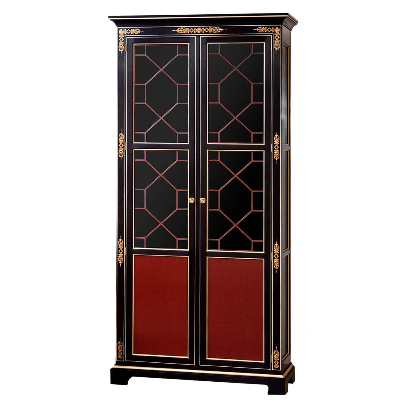 Black and red Neo Classic bookcase with gold accents.