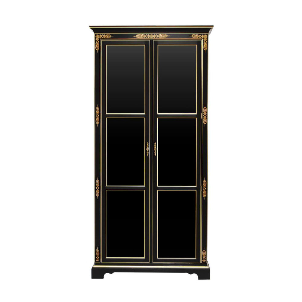 Elegant black cabinet with gold accents, front view.