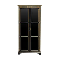 Elegant black cabinet with gold accents, front view.