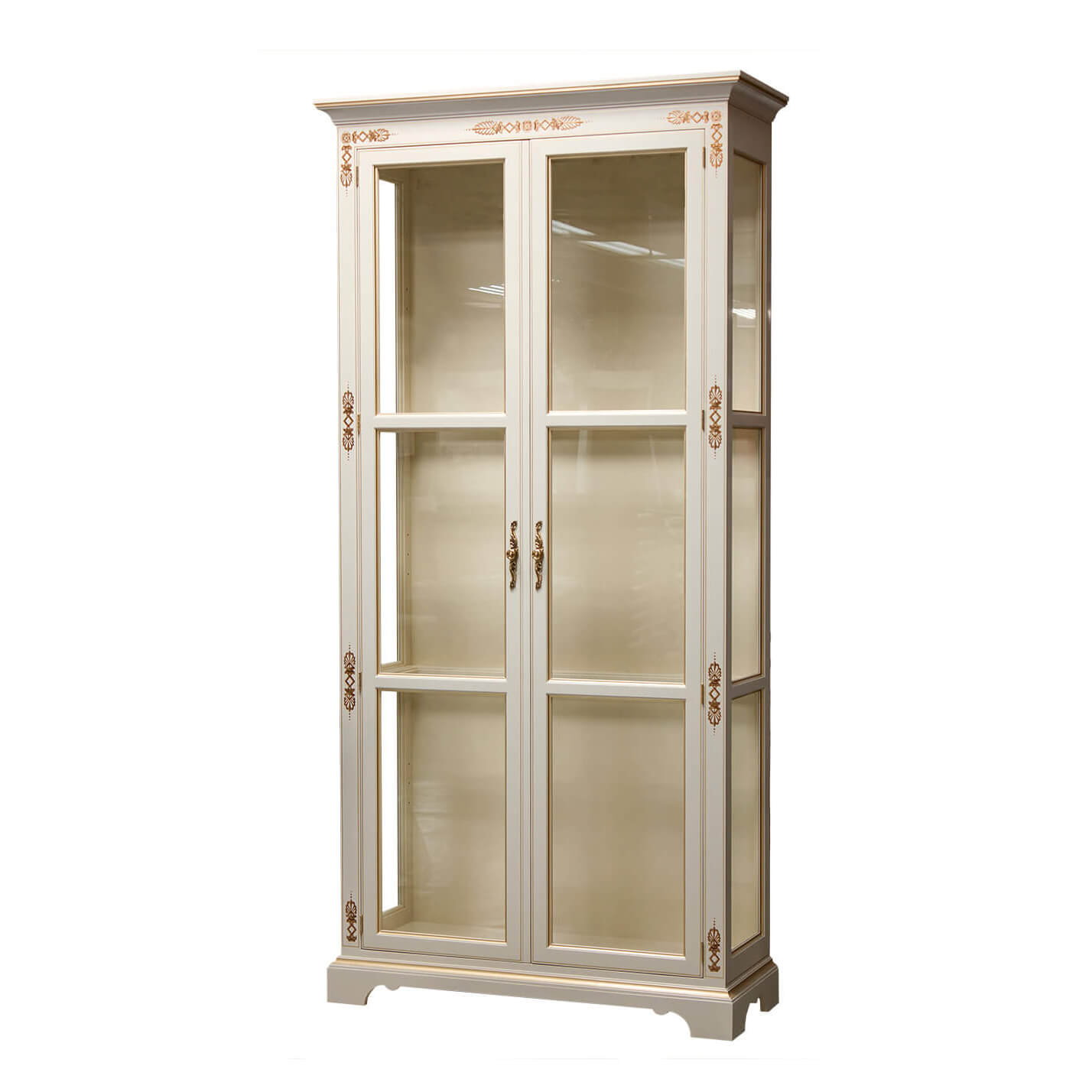 Ivory display cabinet with glass doors and ornate details.