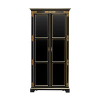 Black curio cabinet with gold accents and paneled doors.