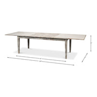 Dimensions of gray painted extension dining table with measurements.