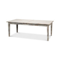 Gray painted dining table not extended, angled side view.