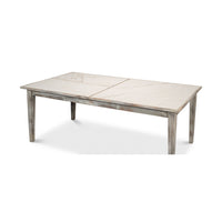 Gray painted dining table not extended, angled view.