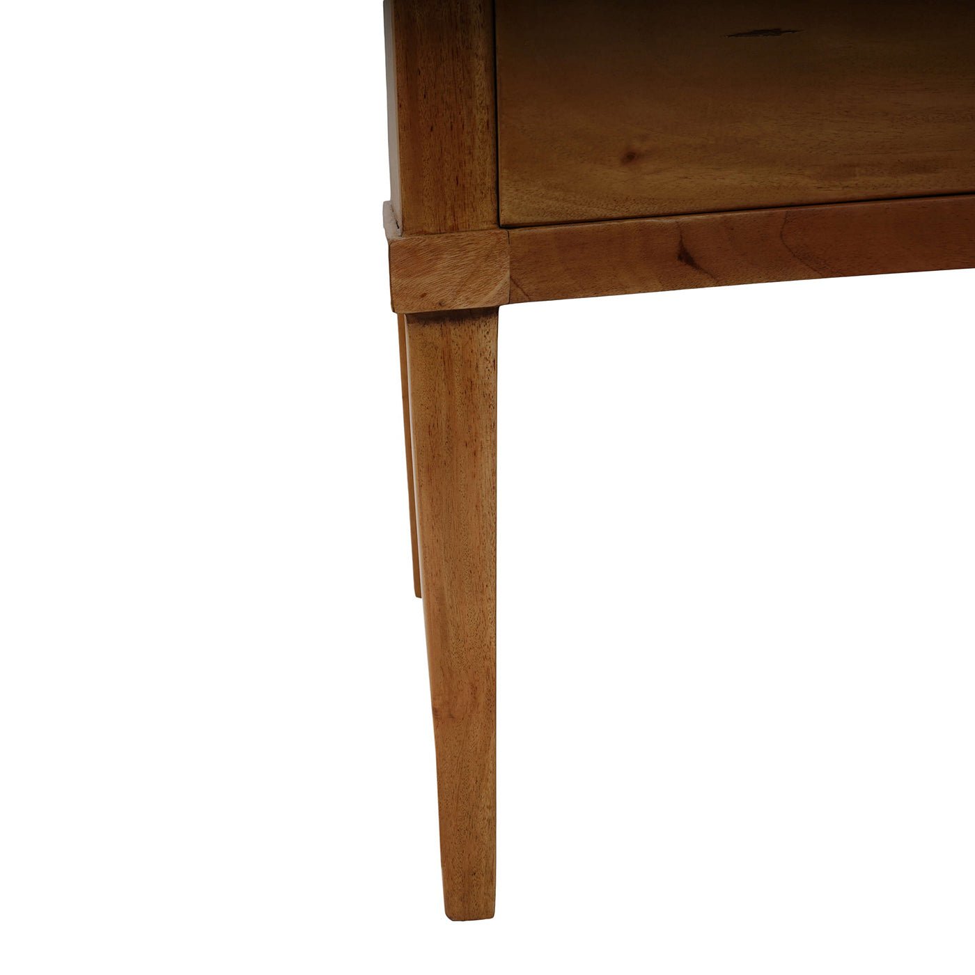 Focus on nightstand's tapered leg and lower frame.