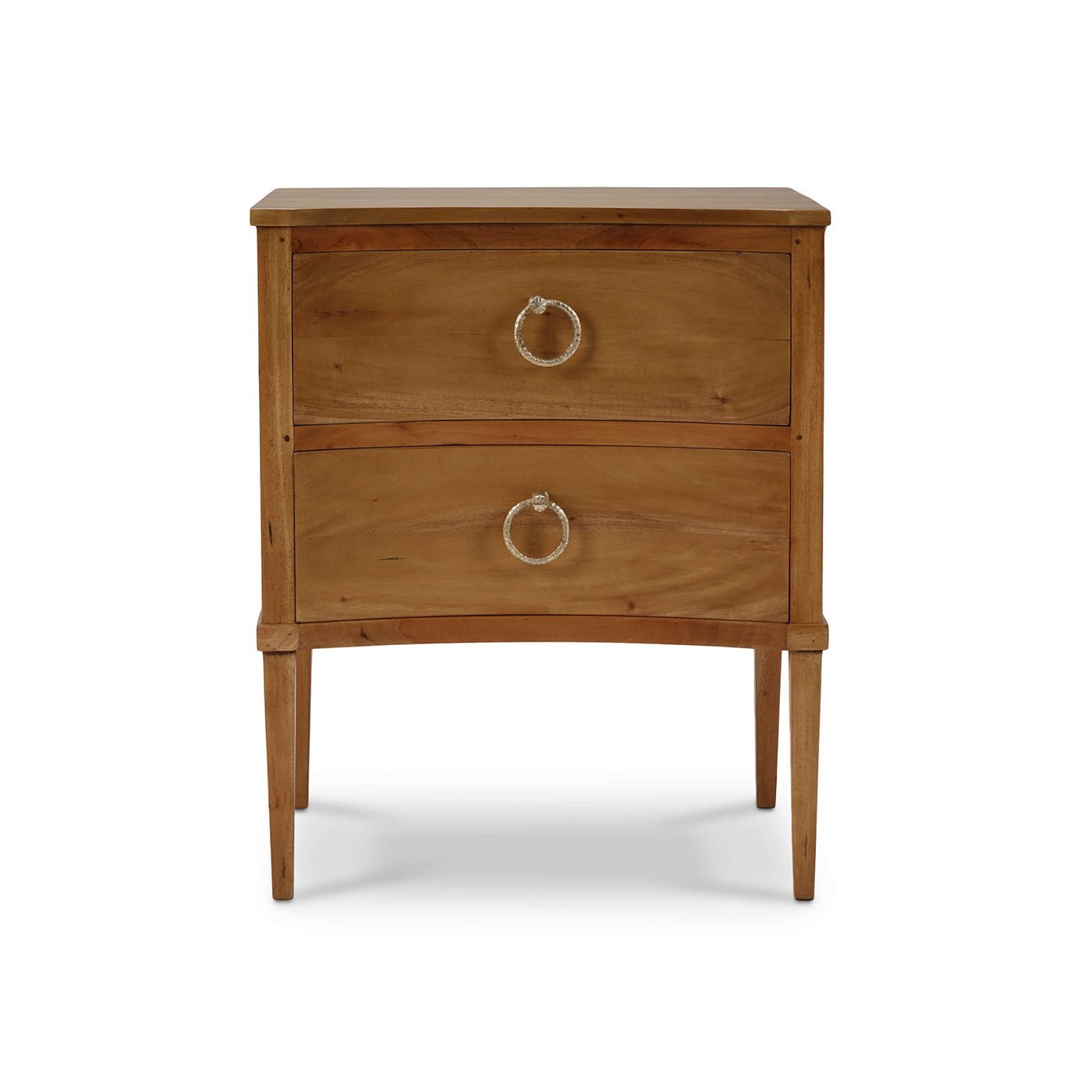 Straight front view of nightstand with metal ring handles.