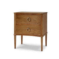 Front angled view of incurved nightstand with two drawers.