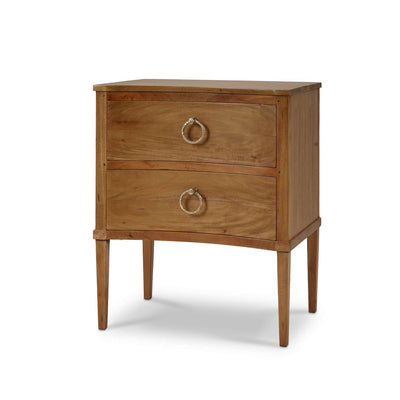 Front angled view of incurved nightstand with two drawers.