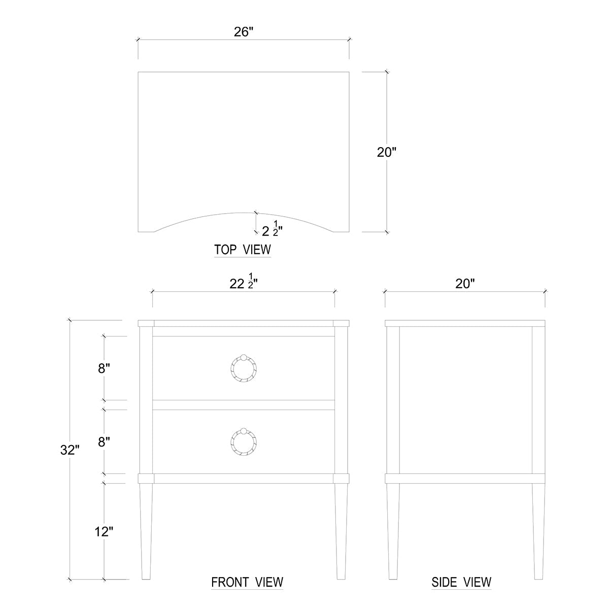 Nightstand dimensions and technical drawing with measurements.