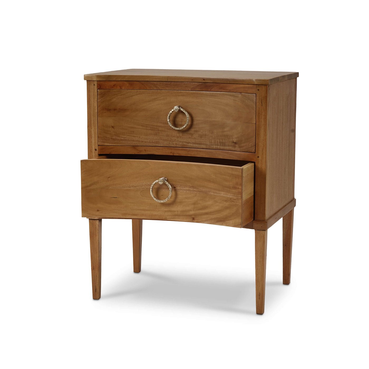 Nightstand with top drawer open showing interior space.
