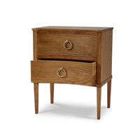 Nightstand with top drawer open showing interior space.