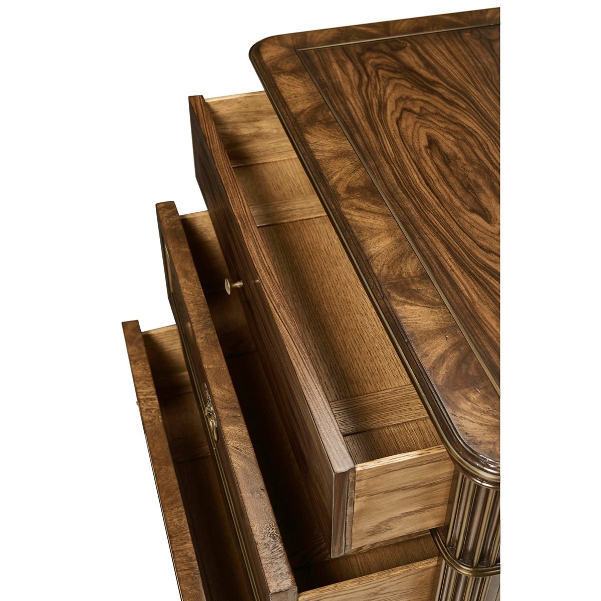 Top view, details of neo classic bedside chest drawers.