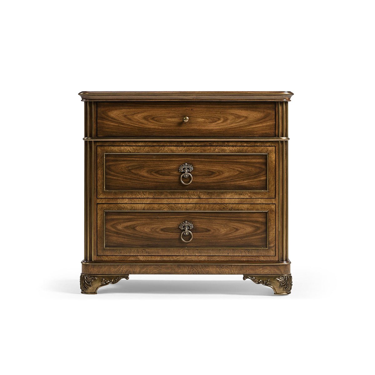 Front view of neo classic bedside chest, drawers closed.