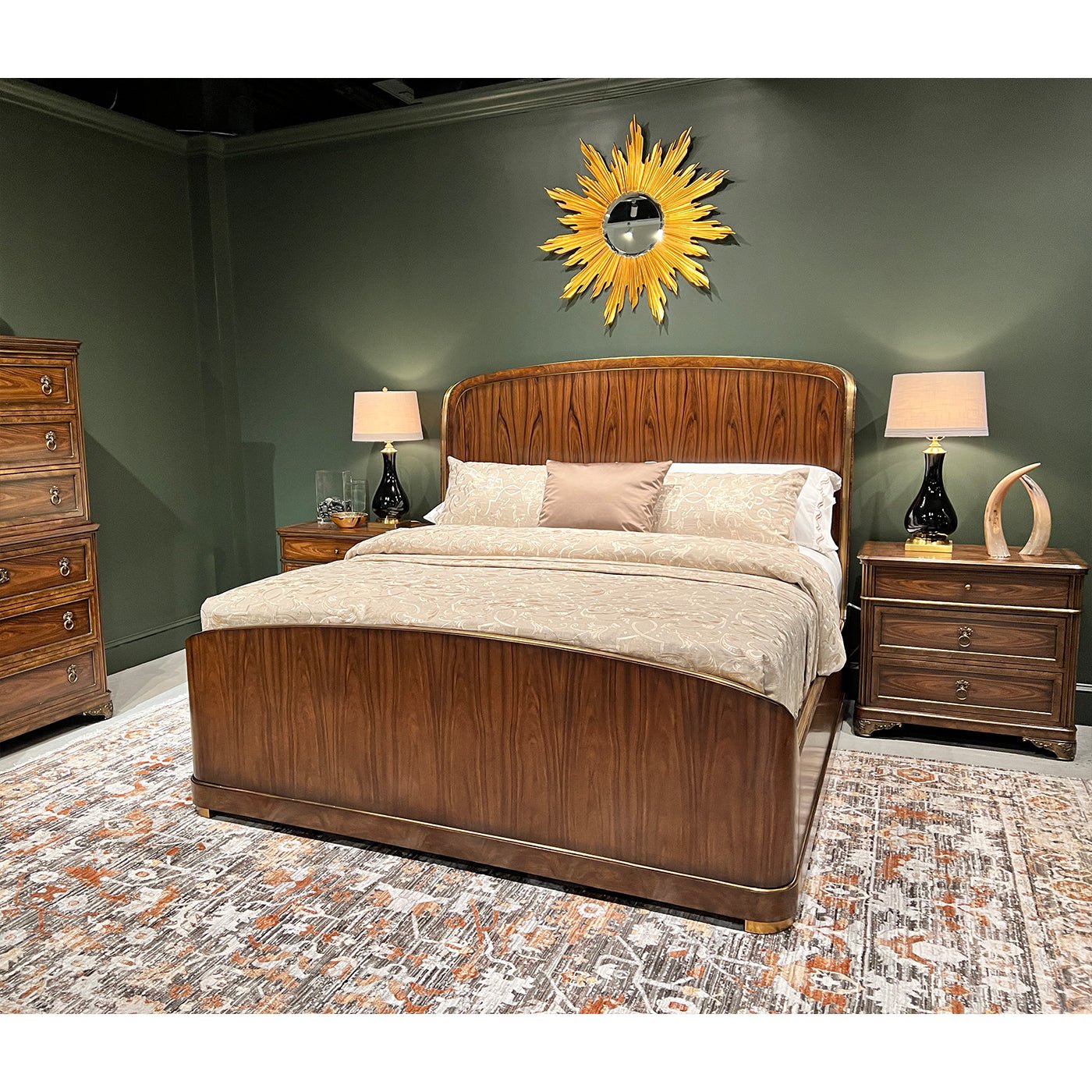 Bedroom setup with neo classic bedside chest and bed.