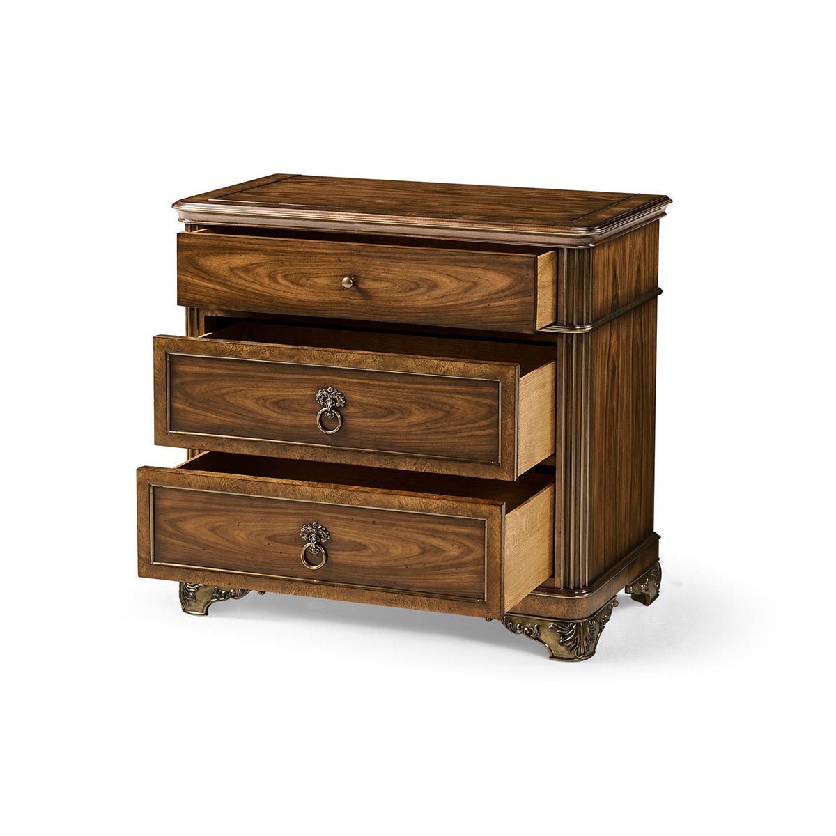 Neo classic bedside chest with open drawers, angled view.