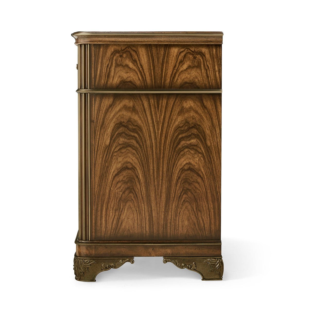 Side view of neo classic bedside chest, wood grain detail.