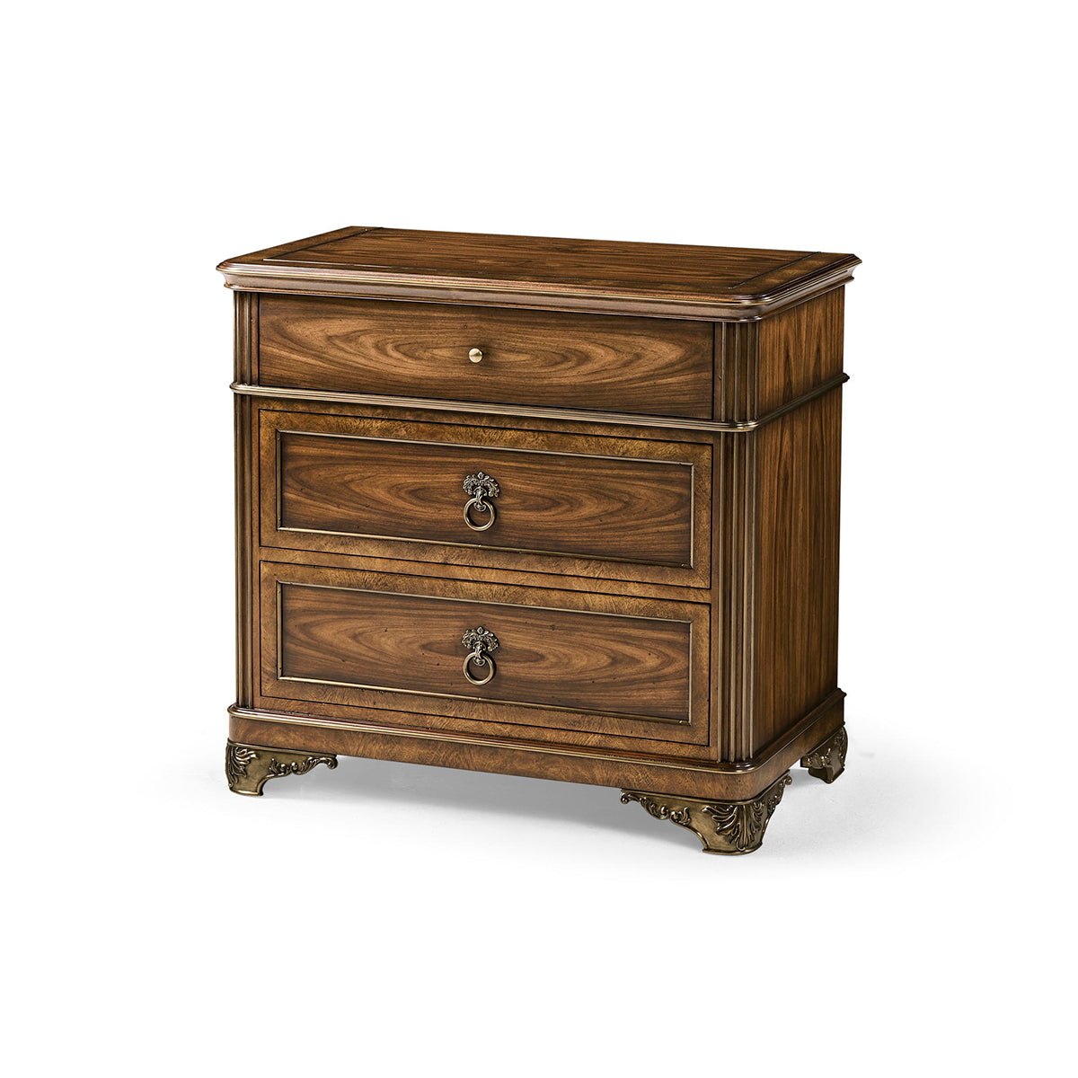 Neo classic bedside chest with three drawers, angled view.