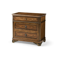 Neo classic bedside chest with three drawers, angled view.