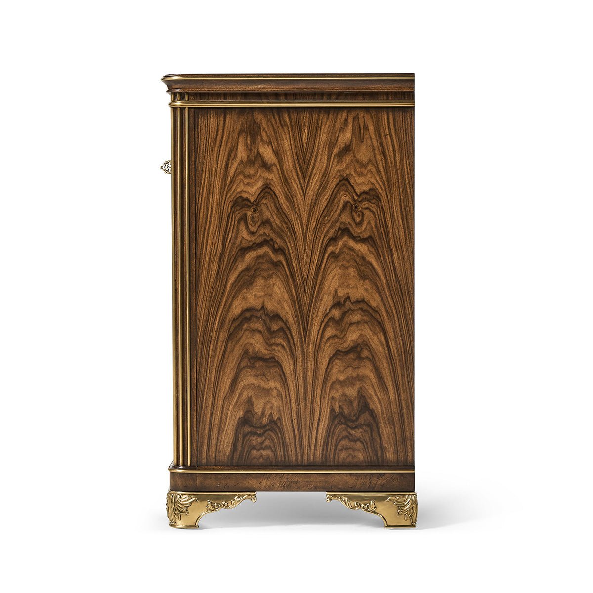 Side view of Neo Classic inspired dresser detailing wood grain.