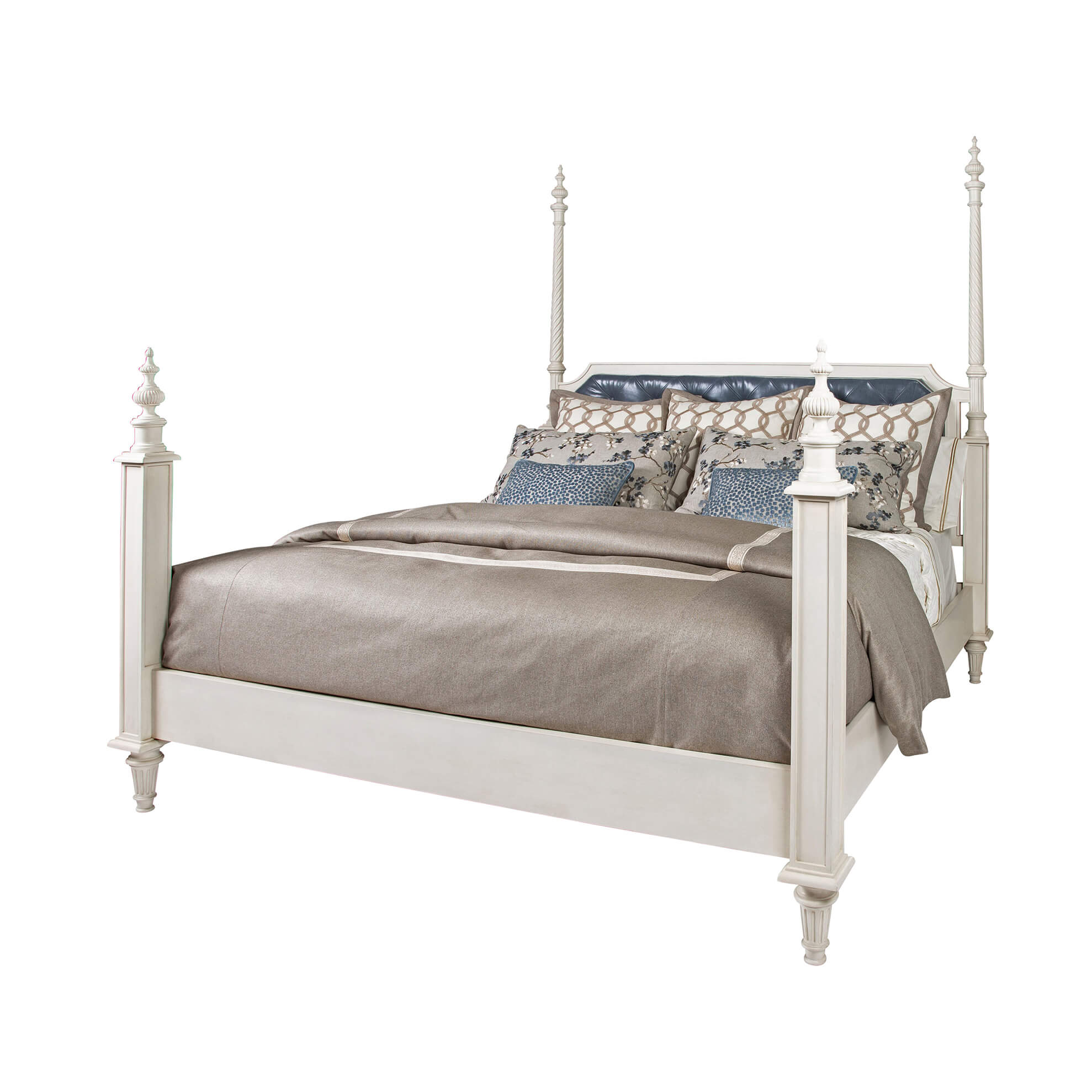 Four-poster king bed with intricate headboard design.