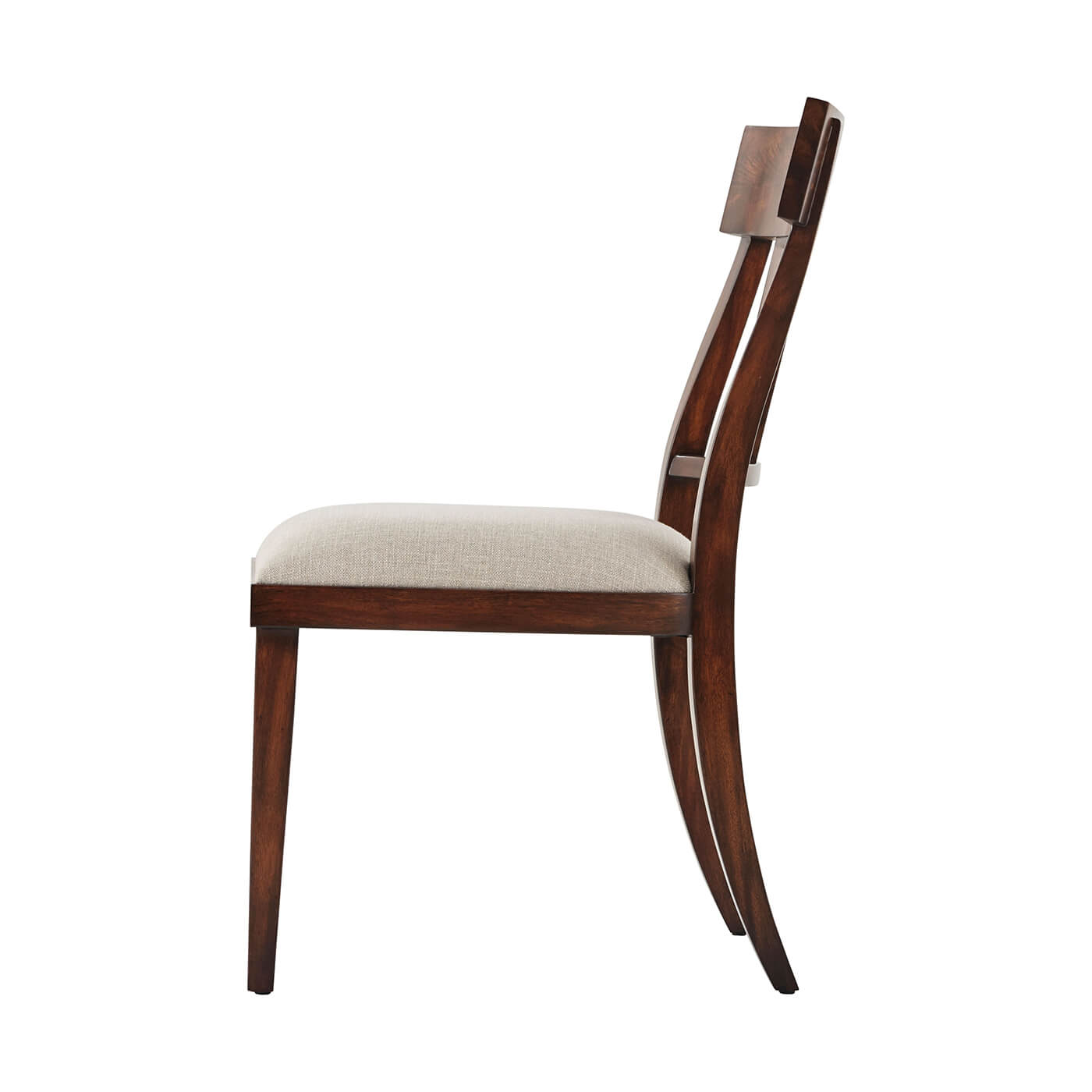 Side profile of Neo Classic Mahogany Dining Chair, beige upholstery.