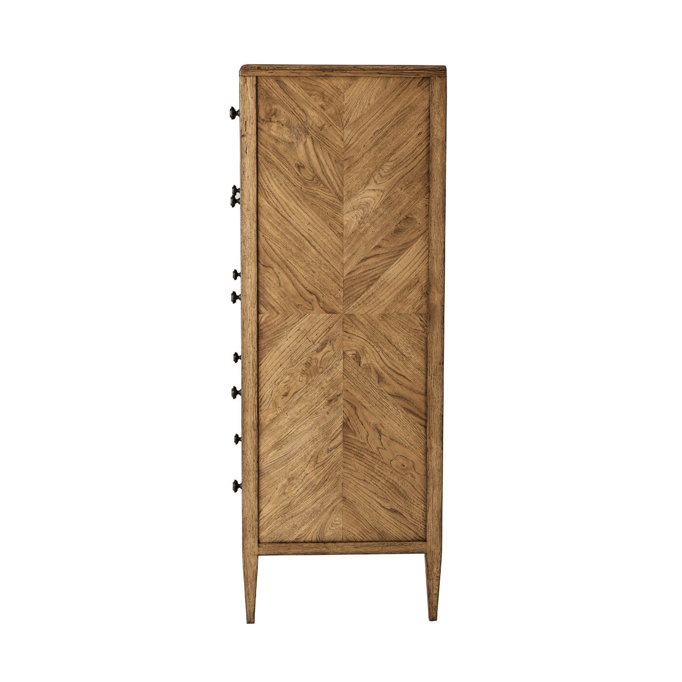 Light oak dresser side view, elegant wood pattern.