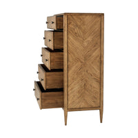 Light oak dresser open drawers side view, wood texture.