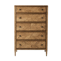 Light oak dresser front view, five-drawer chest.