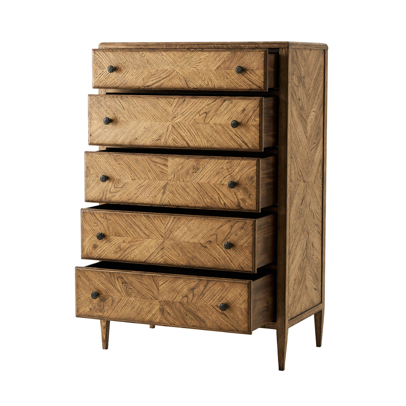 Light oak dresser open drawers angled view, tall chest.