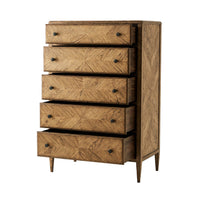 Light oak dresser open drawers angled view, tall chest.